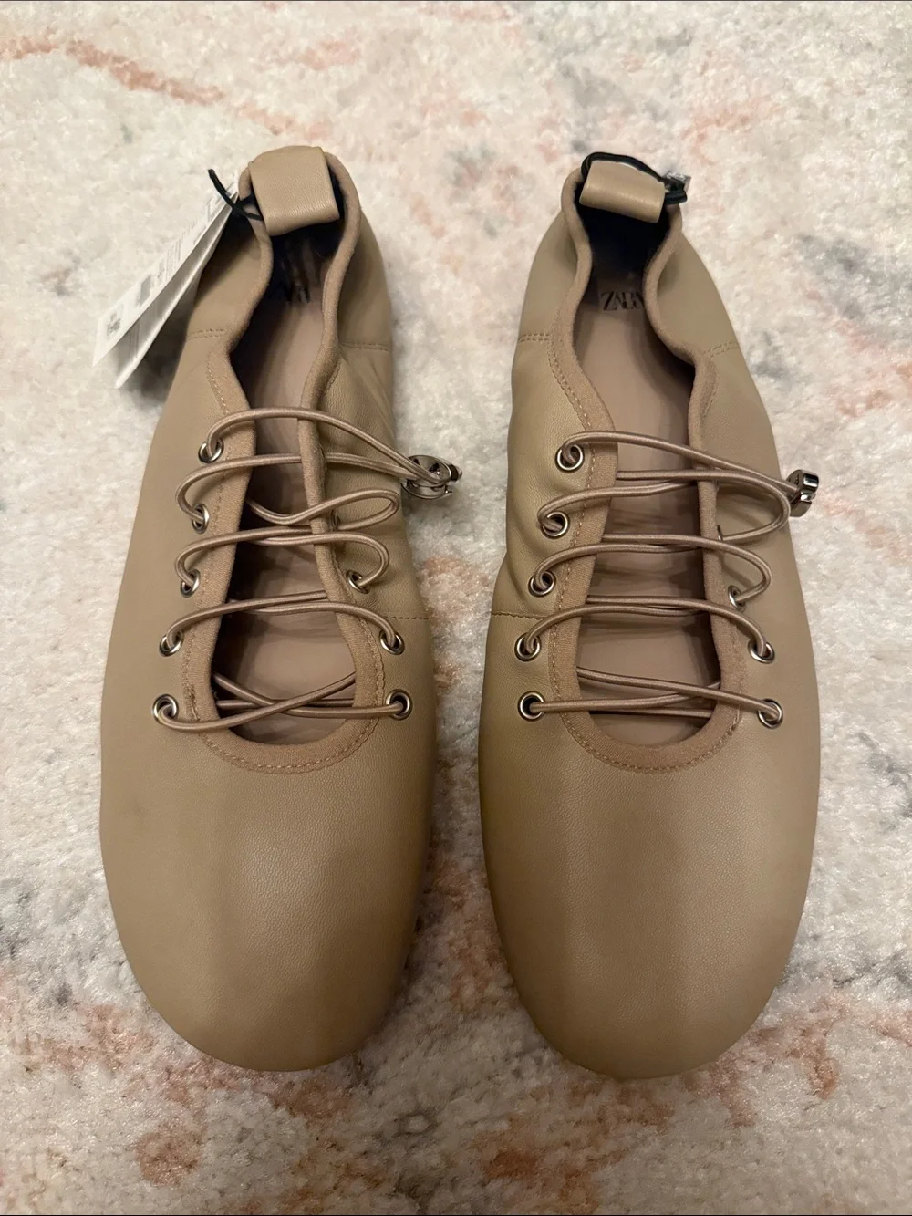 Zara Taupe Lace-Up Ballet Flats
